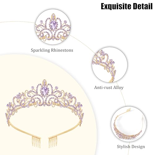 TAROSE Tiaras for Women, Birthday Crown and Sash for Girls | Birthday Sash Sunglasses Outfit, Birthday Gift for Women Girls, Goddess Crown Bride/Halloween/Prom/Party/Costume - color: 1 E. Gold+purple