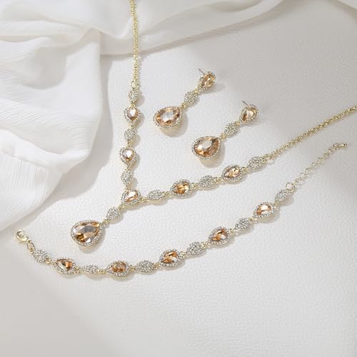 EleQueen Women's Wedding Bridal Jewelry Sets for Brides Bridesmaids, Cubic Zirconia Teardrop Necklace Tennis Bracelet Dangle Earrings Jewellery Set - color: 14-Brown Gold-Tone