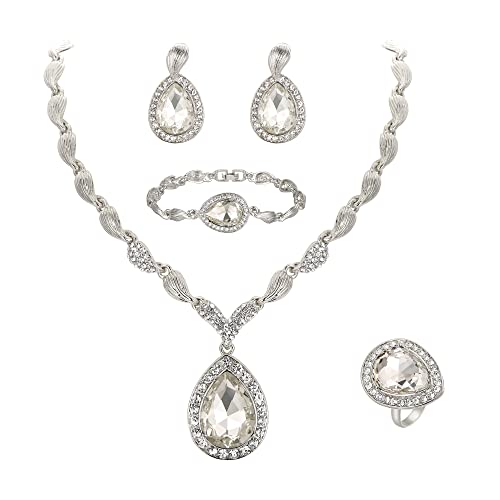Womens Africa 18k Gold Plated Jewelry Set Crystal Rhinestones Petals Teardrop Cluster Bib Statement Necklace Link Bracelet Dangle Earrings Ring for Prom - color: 01-Clear Silver-Tone