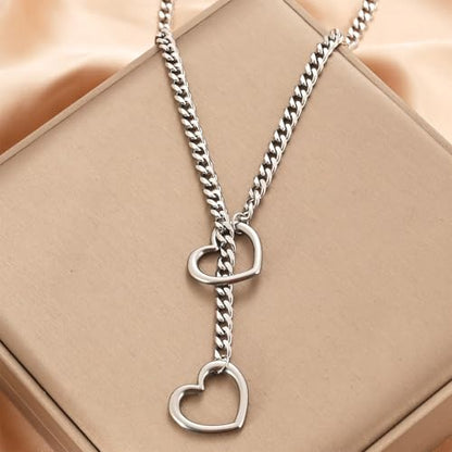 Slip Chain Choker for Women Handmade Black Stainless Steel Cuban Chain Chunky Moon Bat Raven Skull Pendant Gothic Punk Rock Collar Adjustable Lariat Y Necklace for Men - style: Silver Heart 2
