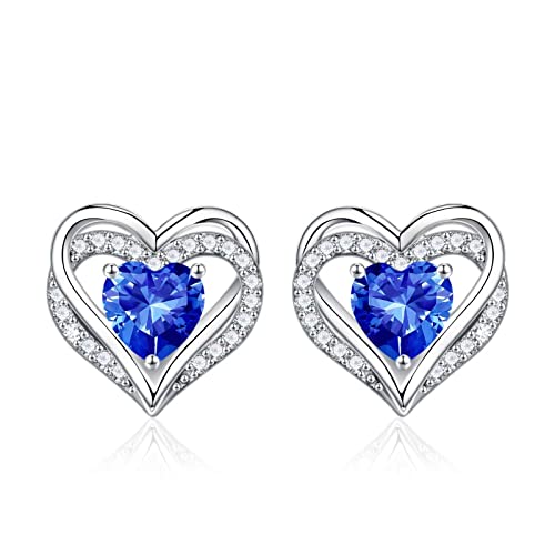 Iefil Birthstone Earrings for Women - 925 Sterling Silver Heart Stud Earrings Birthday Gifts for Women - color: 09-Sept-Created Sapphire