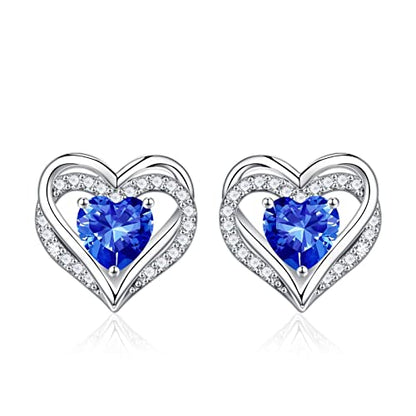 Iefil Birthstone Earrings for Women - 925 Sterling Silver Heart Stud Earrings Birthday Gifts for Women - color: 09-Sept-Created Sapphire