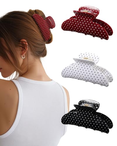 Molans 3PCS Hair Claw Clips Acrylic Clamps for women - Non-slip Strong Hold Barrettes for Thin Thick Hair, Medium hair clips Accessories(Polka Dot） - color: polka dot