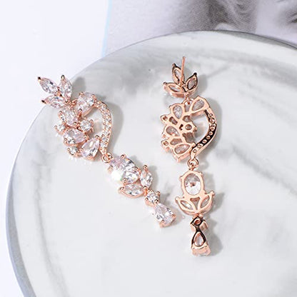CZ Bridal Earrings for Wedding - 14k Plated Sterling Silver Elegant Teardrop Cubic Zirconia Crystal Rhinestone Floarl Leaf Cluster Chandelier Statement Dangle Drop Earrings for Bride Bridesmaids Party - color: Floral - Rose gold