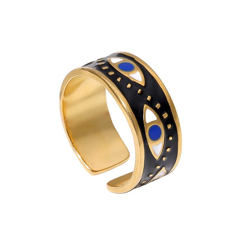 Win&Will Black & Gold Eveil Eye Stainless Steel Adjustable Wide Bold Statement Open Ring for Women
