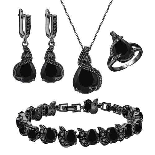 GZWHD Jewelry Set for Women Water Drop Cubic Zirconia Artificial Crystal Earrings Pendant Necklace Open Ring Tennis Bracelet Wedding Anniversary Birthday Engagement Gift for Bridesmaid Wife Girlfriend Friend - color: Black Gun-Black