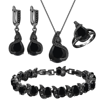 GZWHD Jewelry Set for Women Water Drop Cubic Zirconia Artificial Crystal Earrings Pendant Necklace Open Ring Tennis Bracelet Wedding Anniversary Birthday Engagement Gift for Bridesmaid Wife Girlfriend Friend - color: Black Gun-Black