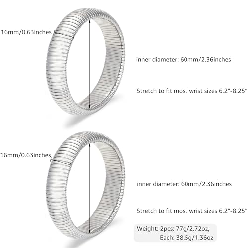 Gold Chunky Stretch Snake Chain Bangle Bracelets Stack for Women Trendy, 18K Gold Filled Stainless Steel Stretchy Womens Stackable Wristband Bangles Bracelet Set - style: SILVER 16MM 2PCS
