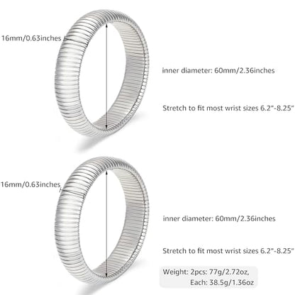 Gold Chunky Stretch Snake Chain Bangle Bracelets Stack for Women Trendy, 18K Gold Filled Stainless Steel Stretchy Womens Stackable Wristband Bangles Bracelet Set - style: SILVER 16MM 2PCS