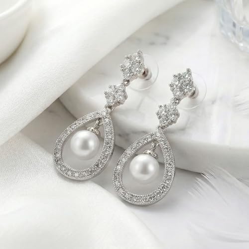 Mariell Pearl Bridal Wedding Earrings for Bride, Pearl Jewelry for Bridesmaid, Prom, Mother of the Bride - color: Silver Pierced