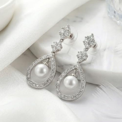 Mariell Pearl Bridal Wedding Earrings for Bride, Pearl Jewelry for Bridesmaid, Prom, Mother of the Bride - color: Silver Pierced