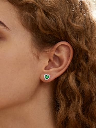 FindChic Birthstone Earrings for Women, Round/Heart/Square/Teardrop Earrings with 925 Sterling Silver Posts & Push Backs, Hypoallergenic Studs with Cubic Zirconia, 12 Months Jewelry with Gift Box - style: 05. May-Emerald (Heart-Silver)