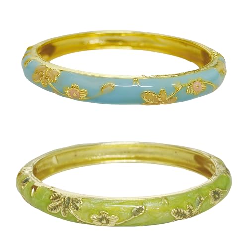 Cloisonne Bracelet For Women, Chunky Bangle Trendy Cute Flower Enamel Bangles Multi Tone Engraved Cuff Gold Plated Bracelets Stackable Wife Jewelry Friendship Gift - color: Blue&Dark Green Set