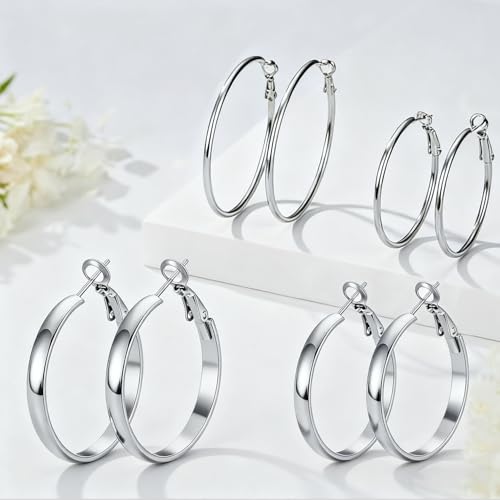 4 Pairs Silver Gold Hoop Earrings for Women | 14K Gold Plated Hoop Earrings Set Hypoallergenic Earring Lightweight Dangle Earrings Set - color: 4 Pairs Silver-(4mm Wide & Thin)