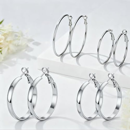 4 Pairs Silver Gold Hoop Earrings for Women | 14K Gold Plated Hoop Earrings Set Hypoallergenic Earring Lightweight Dangle Earrings Set - color: 4 Pairs Silver-(4mm Wide & Thin)