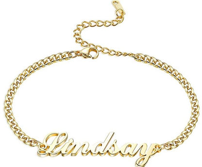 Custom Ankle for Women for Women 18K Gold Plated Adjustable Name Anklet Customized Beach Anklet Gifts - color: Name Anklet with Cuban Chain