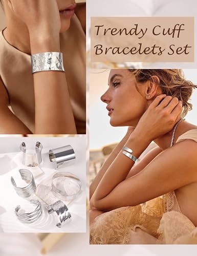 REVOLIA 6Pcs Chunky Cuff Bracelets Set for Women Minimalist Irregular Statement Wrist Cuff Adjustable Hammered Bangles Bracelets Open Wide Wire Arm Cuff Bracelet - color: Silver-B