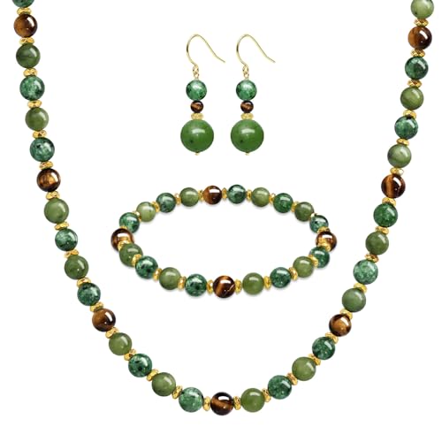 Beaded Necklaces for Women 3Pcs Colorful Boho Gemstone Bead Choker Summer Natural Stone Surfer Beach Bead Necklace Bracelets Earring Set Handmade Jewelry for Women Gift Jewelry Sets - color: Olive Green