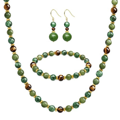 Beaded Necklaces for Women 3Pcs Colorful Boho Gemstone Bead Choker Summer Natural Stone Surfer Beach Bead Necklace Bracelets Earring Set Handmade Jewelry for Women Gift Jewelry Sets - color: Olive Green