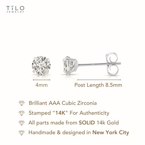 14k White Gold Solitaire Round Cubic Zirconia Stud Earrings with Pushbacks - style: 4mm