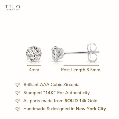 14k White Gold Solitaire Round Cubic Zirconia Stud Earrings with Pushbacks - style: 4mm