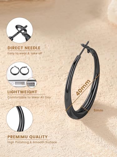 KeyStyle 5mm Thick Hoop Earring，Large Gold Hoop Earrings for Women | Stainless Steel Hoops Earring 14K Gold Plated/Silver/Black Hoop Lightweight Hypoallergenic Hollow Tube Hoop(40/60/80MM) - color: Black, size: 40mm