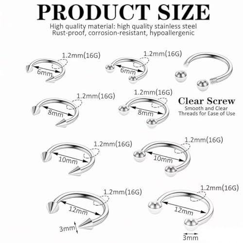 KREZIP 12 PCS 16G Hinged Segment Septum Rings Surgical Steel Horseshoe Piercing Rings Eyebrow Lip Cartilage Helix Tragus Earrings Piercing Jewelry for Women Men 6/8/10/12MM Gold Plated/Silver - style: 16G 6/8/10/12mm-Silver