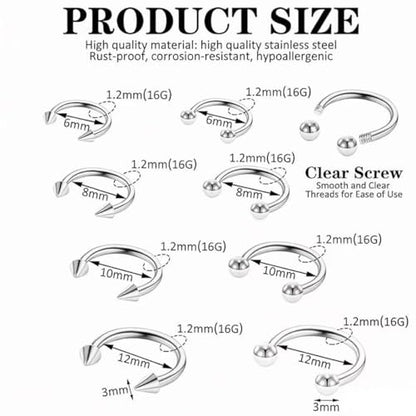 KREZIP 12 PCS 16G Hinged Segment Septum Rings Surgical Steel Horseshoe Piercing Rings Eyebrow Lip Cartilage Helix Tragus Earrings Piercing Jewelry for Women Men 6/8/10/12MM Gold Plated/Silver - style: 16G 6/8/10/12mm-Silver