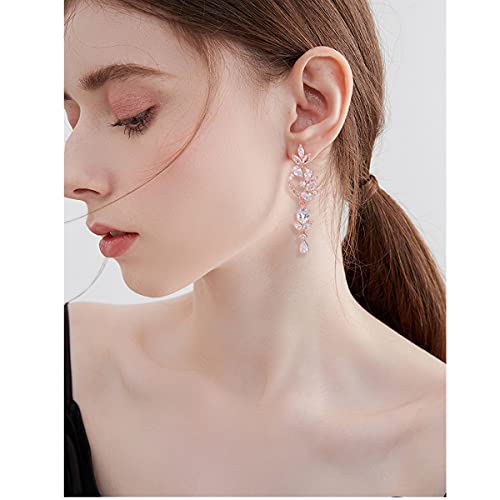 CZ Bridal Earrings for Wedding - 14k Plated Sterling Silver Elegant Teardrop Cubic Zirconia Crystal Rhinestone Floarl Leaf Cluster Chandelier Statement Dangle Drop Earrings for Bride Bridesmaids Party - color: Floral - Rose gold
