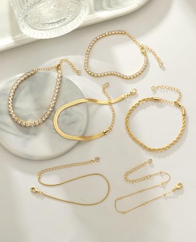 Gold Bracelets for Women 14K Gold Plated Stack Trend Bracelets Charm Paperclip Chain Cuban Link Layered Waterproof Bracelet Dainty Bracelet for Women Jewelry Gifts - color: 6Pcs Gold