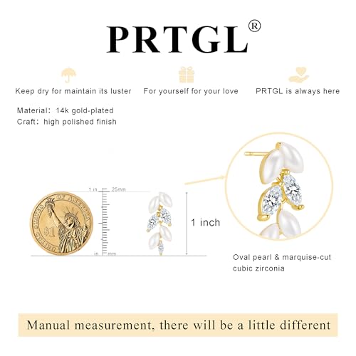 Pearl Earrings - 14K Gold/White Gold/Rose Gold Plated Cubic Zirconia CZ Diaomond Accented Pearl Drop Dangle Earrings for Women Wedding Bridal Prom - color: Gold leaf design