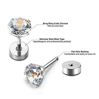JewelrieShop Cartilage Tragus Earring Stainless Steel Stud Piercing Earring Flat Back Earrings Stud Flatback Screw Back Earrings for Women Men (16G, 6mm Bar Length, 3mm-7mm CZ, 5 Pairs) - color: 01. Steel with Clear White CZ