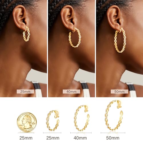 Clip On Hoop Earrings for Women Lightweight - Silver Twisted Clip-on Hoop Earings With Cubic Zirconia Fake Non Pierced Ears Jewelry - style: CZ-G40mm