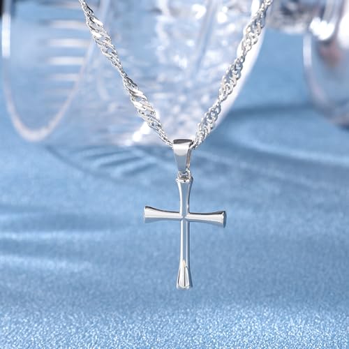 Small Cross Pendant Necklace for Women, 18" + 2" Wave Chain Stainless Steel - color: Silver