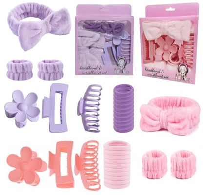32 PCS Hairband And Accessories Set Plush Face Wash Headbands Wristbands Clips Hair Ties For Spa Bath Bridal Party Gifts, PinkPurple