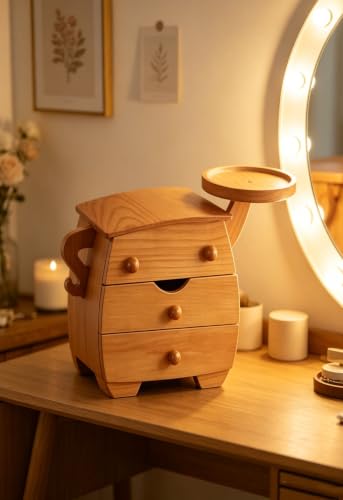 3 Drawer Wooden Jewelry Box, Compact Storage Organizer in Cherry | Solid Wood, 3 Drawers Top Tray,Cherry Tone, Arm Bracelet Hanger, Compact Jewelry Storage, Rustic Decor, Gift