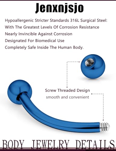Jenxnjsjo 16g 6/8/10/12mm Silver/Gold/Black Eyebrow/Rook/Snug/Vertical-Labret/VCH/Snake-Eyes/Anti-Tragus/Christina/Daith/Belly-Button/Bridge/Hood/Surface Curved Barbell Piercing Jewelry for Women Men - color: Silver & Blue