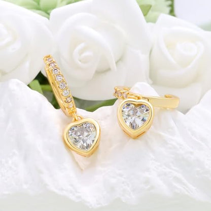 Heart Hoop Earrings with Dangle Sterling Silver Love Heart-Shaped Loop Earrings for Women Hypoallergenic Sparkle Birthstone Cubic Zirconia Hoop Earring with Dangling Charms Dainty Fashion Jewelry Gift - color: Gold-White