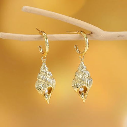 Dangle Gold Charm Earrings for Women 14K Gold Plated Bow Cherry Rose Zirconia Dragonfly Love Heart Wing Cross Pearl Conch Seashell Huggie Hoop Earring Drop Cross Trendy Party Jewelry Gifts for Women - style: Conch Shell