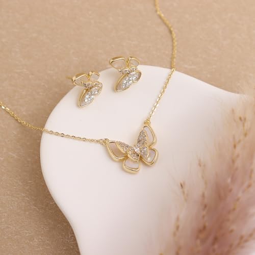 Gold Silver Stud Earrings Pendent Necklace Sets for Women, Dainty Rhinestone Crystal Necklace Earing Jewelry Set Wedding Accessories Fashion Holiday Gift - color: Butterfly earring necklace
