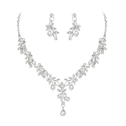 BriLove Wedding Jewelry Set for Women Bride, Y-Necklace Dangle Earrings Crystal Teardrop Leaf Flower Cluster Bridal Bridesmaid - color: 01-Clear