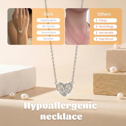 Cubic Zirconia Heart Pendant Necklace, 14K Gold Plated Pave Heart Necklace for Women, Faux Diamond Heart Pendant Necklace, Valentine’s Day, Birthday & Anniversary - color: White Gold X-5175