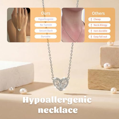 Cubic Zirconia Heart Pendant Necklace, 14K Gold Plated Pave Heart Necklace for Women, Faux Diamond Heart Pendant Necklace, Valentine’s Day, Birthday & Anniversary - color: White Gold X-5175