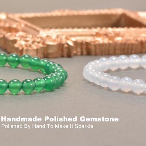 2PCS Agate Bracelet for Women Men Natural Round Beaded Agates Stone Healing Stretch Bracelets Elastic Handmade Polished Gemstone Beads Bracelet - color: White+Green, size: 6mm Beads