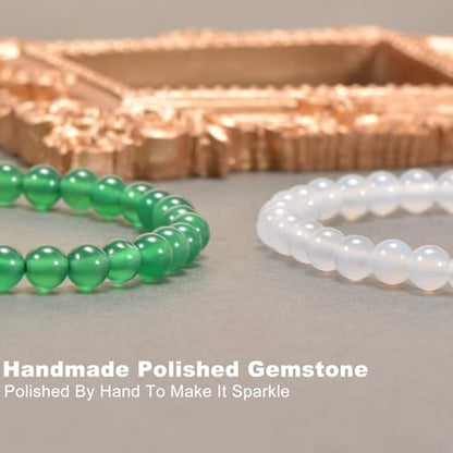 2PCS Agate Bracelet for Women Men Natural Round Beaded Agates Stone Healing Stretch Bracelets Elastic Handmade Polished Gemstone Beads Bracelet - color: White+Green, size: 6mm Beads