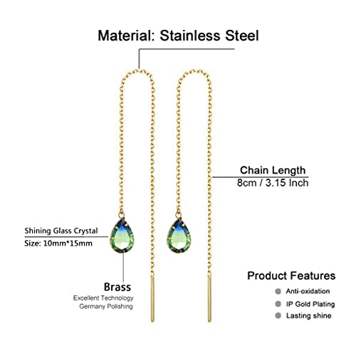 WANGGAO Stainless Steel Water Drop Long Chain Earrings for Women Linear Crystal Threader Earrings Jewelry - color: Green