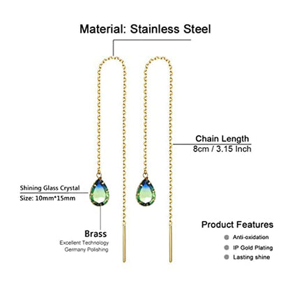 WANGGAO Stainless Steel Water Drop Long Chain Earrings for Women Linear Crystal Threader Earrings Jewelry - color: Green