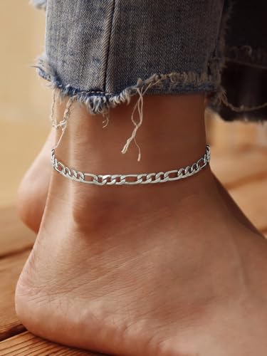 U7 Ankle Bracelets for Women Stainless Steel Waterproof Tarnish Resistant | 18K Gold Plated/Silver/Rose Gold Anklets, Cuban Chain Anklet Bracelets, Perfect for Summer Beach and Vacation Outfits - color: Stainless Steel-5mm-Figaro Chain