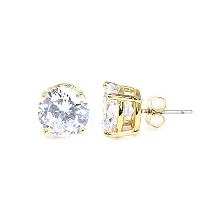 Stainless Steel Round Cut Cubic Zirconia Stud Earrings With Clear Case - Gold, Silver (3mm~12mm) - color: 10mm-Gold