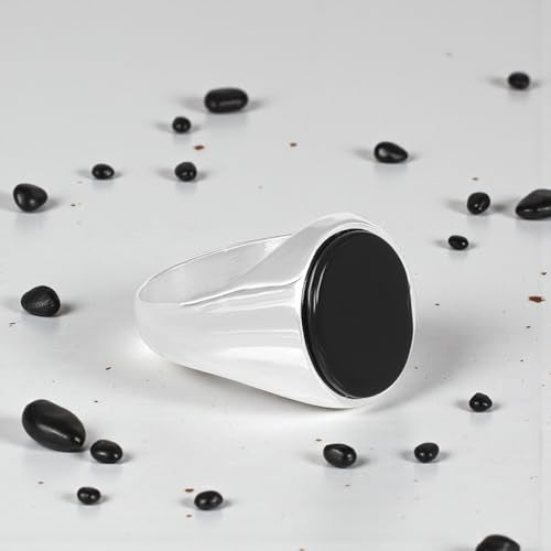 Men’s Silver Plated Steel Onyx Ring – Oval Black Stone Minimal Signet Ring | Polished Smooth Band | Modern Stainless Steel Men’s Fashion Ring